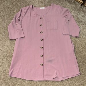 Zenana Outfitters Mauve Button-Front V-Neck Tunic Dress Pockets